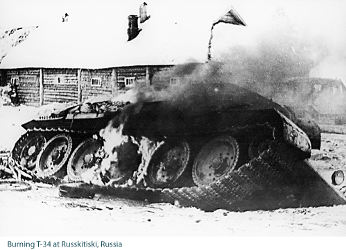 Burning T-34 at Russkitiski, Russia.